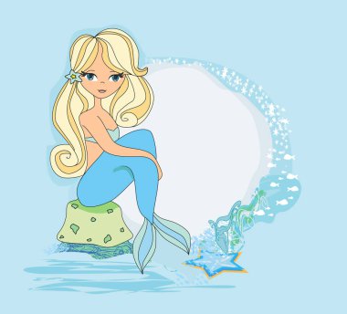 Güzel deniz kızı - mavi arkaplanda dekoratif çerçeve