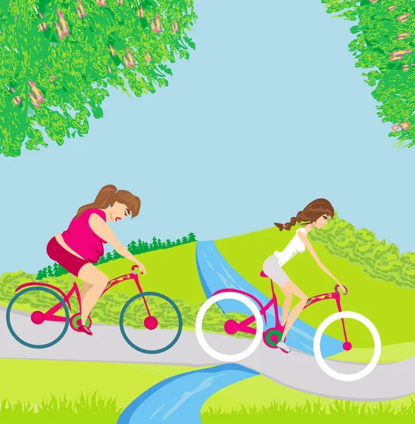 Overweight Woman Her Slim Friend Riding Bicycles — Stock Vector