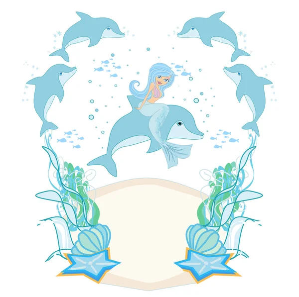 Niñas Sirena Delfines Lindos Marco Decorativo — Vector de stock