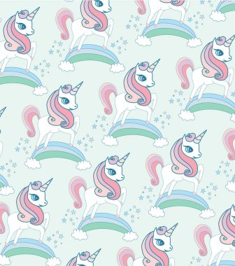 Gökkuşağında zıplayan mutlu tek boynuzlu atlar - desen 