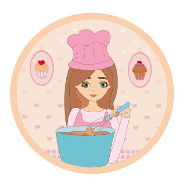 Mutfakta gülümseyen kadın çizgi filmi hamuru karıştırıyor.