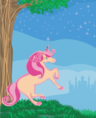 Güzel bir tek boynuzlu atın olduğu bir kart.