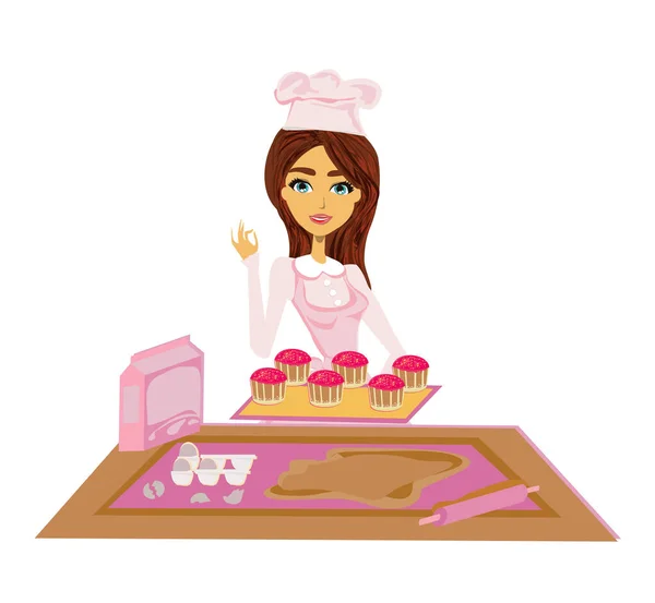 Beautiful Girl Chef Serves Sweet Muffins — Stock Vector