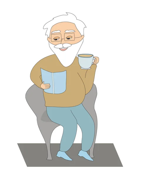 Old Man Reads Book Drinks Coffee — Stock Vector