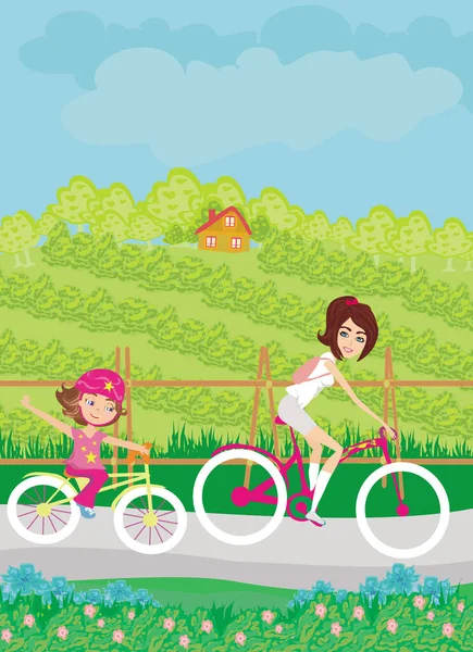 Madre Figlia Bicicletta Una Bella Giornata Sole — Vettoriale Stock