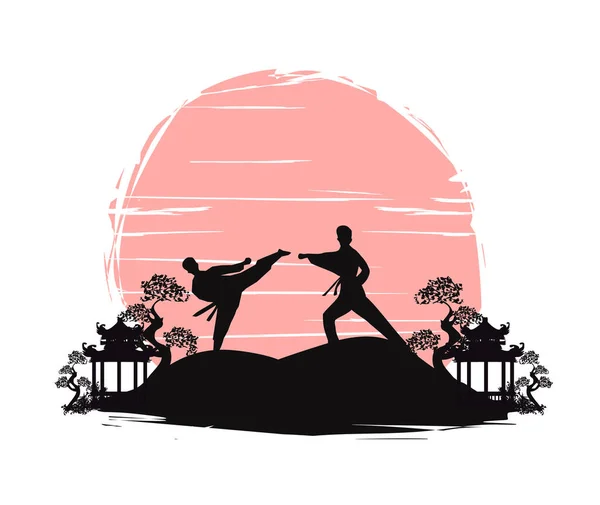 Active Tae Kwon Martial Arts Fighters Combat Fighting Kicking Sport — Stock Vector