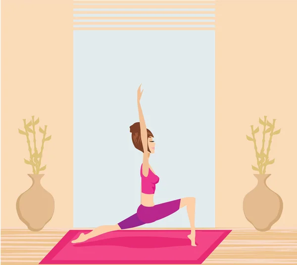 Jeune Femme Pratiquant Yoga Intérieur — Image vectorielle