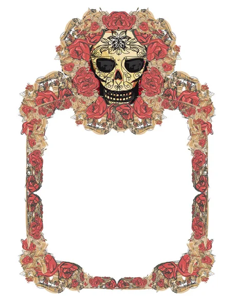 Crânio Flores Dia Dos Mortos Moldura Arte Com Rosas — Vetor de Stock