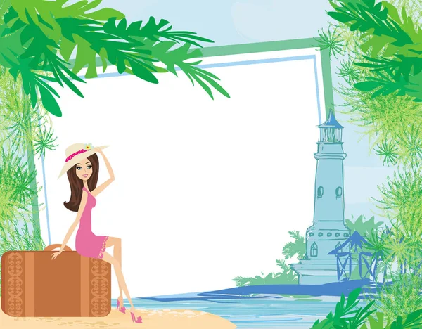 Tourism Tropical Vacation Frame Beautiful Girl Lighthouse — Vector de stock