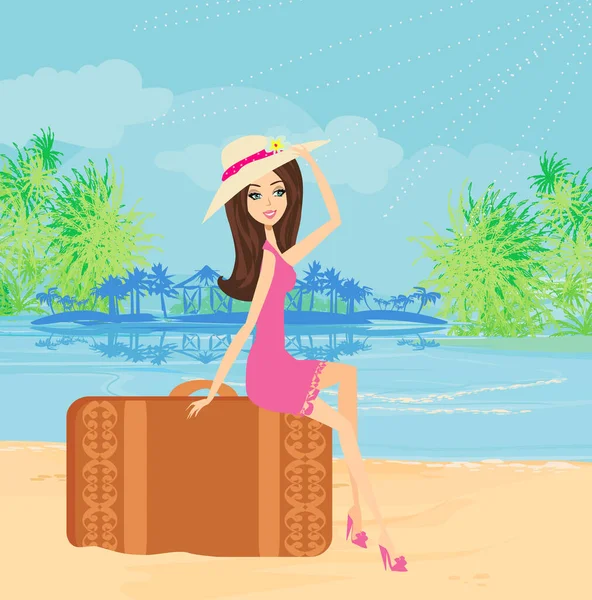 Beautiful Elegant Girl Tourist Exotic Beach — Image vectorielle