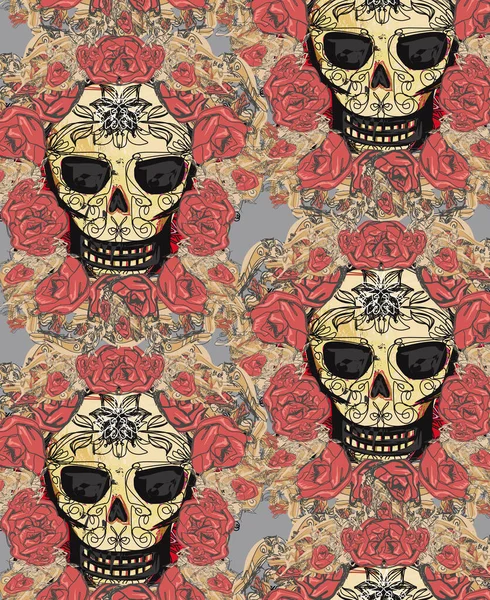 Calavera Flores Día Los Muertos Fondo Sin Costuras — Archivo Imágenes Vectoriales