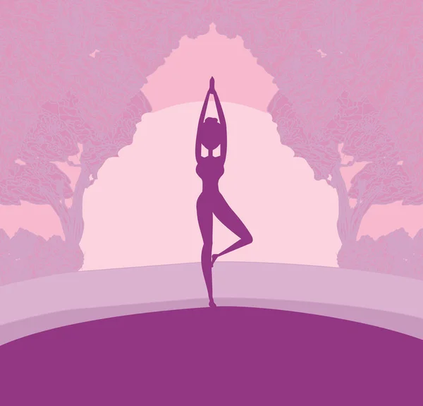 Silhouette Woman Practicing Yoga Nature — ストックベクタ