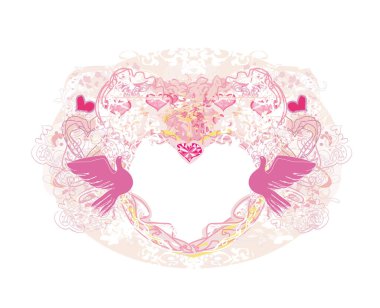 Aşk kuşlarının olduğu romantik kart - dekoratif pembe kalp şeklinde çerçeve 