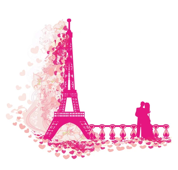 巴黎的一对浪漫情侣 装饰卡片 — 图库矢量图片