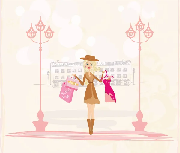 Beautiful Blonde Girl Doing Shopping City — Stock Vector