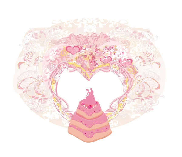 Design Cartão Bolo Casamento Moldura Decorativa Forma Coração Rosa — Vetor de Stock