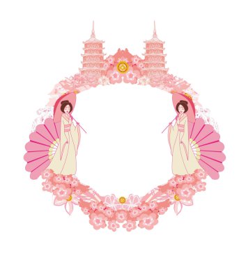 Şemsiyeli güzel geyşa - dekoratif çiçek çerçeveli 