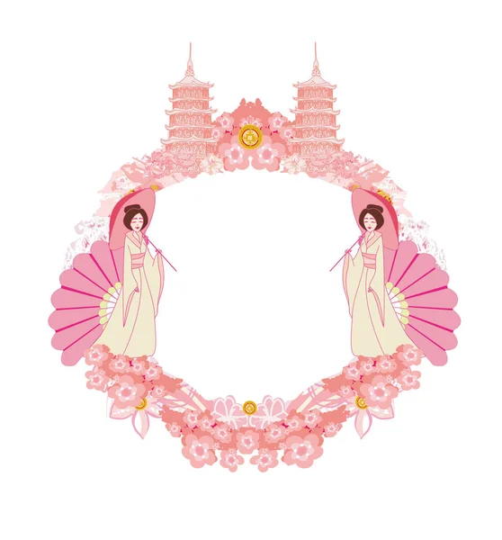 Şemsiyeli güzel geyşa - dekoratif çiçek çerçeveli 