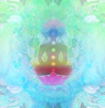 Yoga nilüfer pozu. Renkli çakra noktalı Padmasana. 