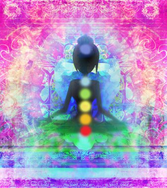  Yoga nilüfer pozu. Renkli çakra noktalı Padmasana. 
