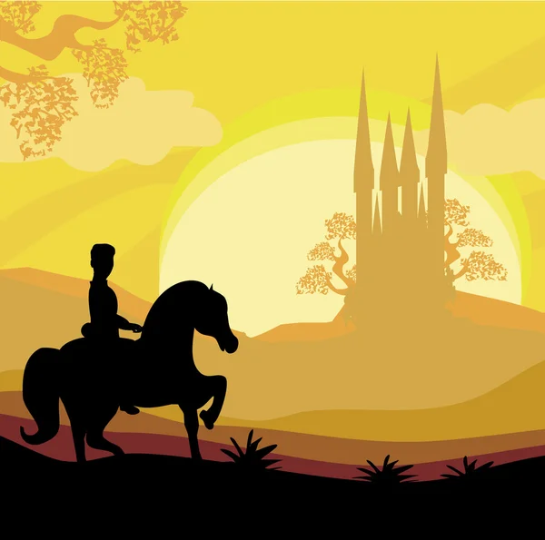 Prince riding a horse to the castle — Stock Vector