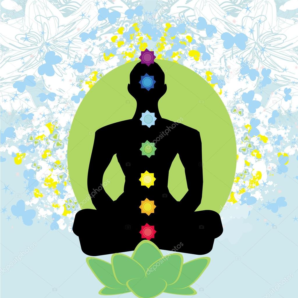Yoga lotus pose. Padmasana with colored chakra points. 
