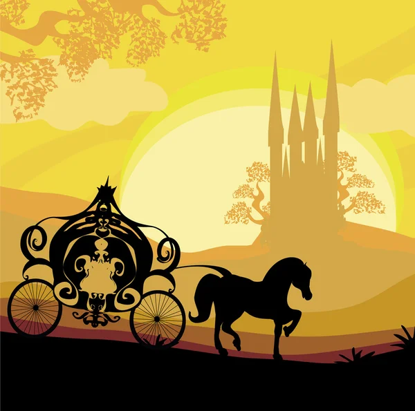 Silhouette of a horse carriage and a medieval castle — Stock Vector