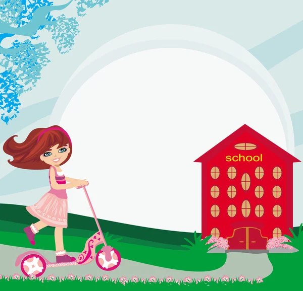 Mädchen fährt Roller in der Nähe der Schule — Stockvektor