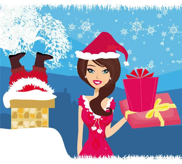 Santa Claus y hermosa mujer — Vector de stock