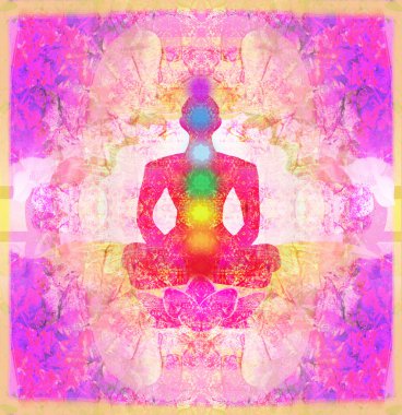 Yoga nilüfer pozu. Renkli çakra noktalı Padmasana. 