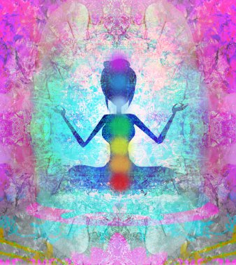 Yoga nilüfer pozu. Renkli çakra noktalı Padmasana. 