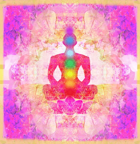 Yoga lotus poseren. Padmasana met gekleurde chakra punten. — Stockfoto