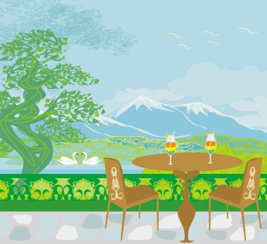 Gölde dağları ve kuğuları olan vektör manzarası