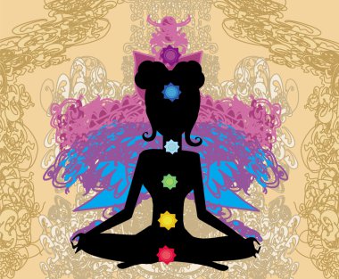 Kız oturur ve meditasyon yapar, soyut bir kart. 