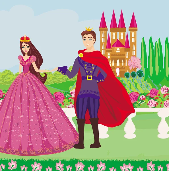 La princesa y el príncipe en un hermoso jardín — Vector de stock