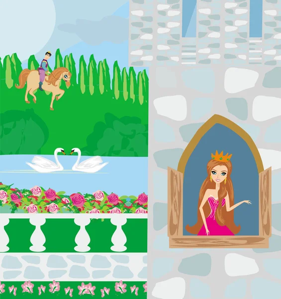 Принц скачет на лошади к принцессе — стоковый вектор