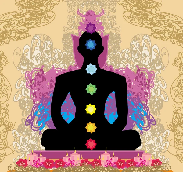 Yoga lotus poserar. Padmasana med chakra poäng. — Stock vektor