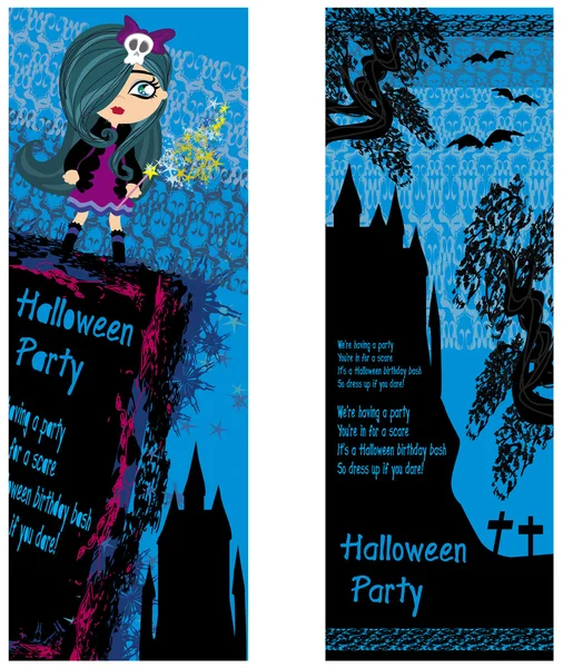 Halloween invitation with beautiful witch and creepy castle — Stock Vector