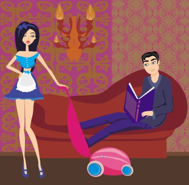 Seksi poster tarzı Fransız hizmetçi odayı temizliyor. 
