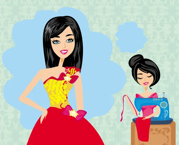 Девушка с швейной машинкой, мечтает о красивом платье — стоковый вектор