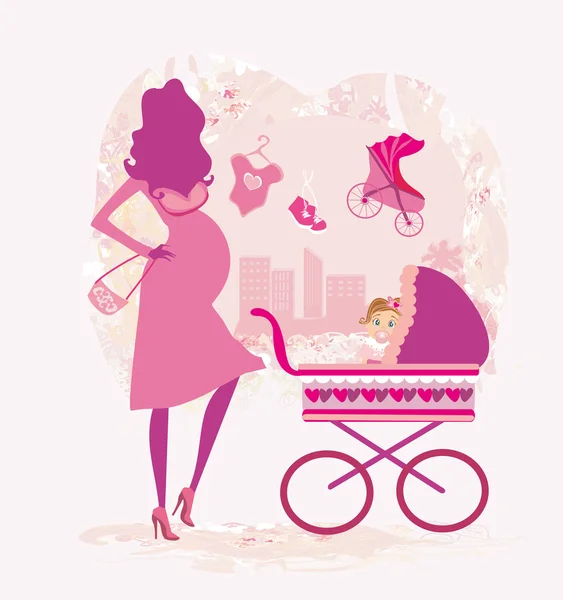 Pregnant woman pushing a stroller, abstract illustration — Stock Vector
