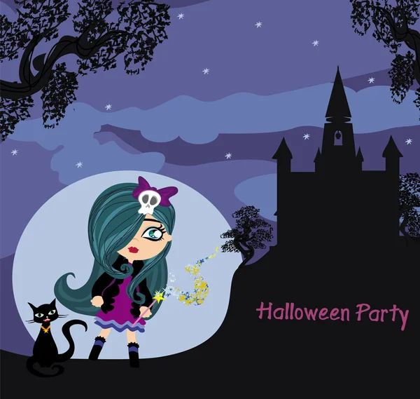 Halloween pozvánka s krásnou čarodějnicí a strašidelný hrad — Stockový vektor