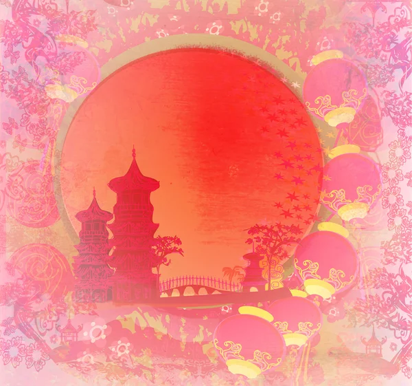 Chinese New Year card - Traditional lanterns and Asian buildings — Stock Photo, Image