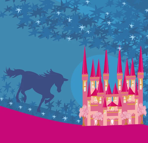 Imagen abstracta de un castillo rosa y unicornio — Vector de stock