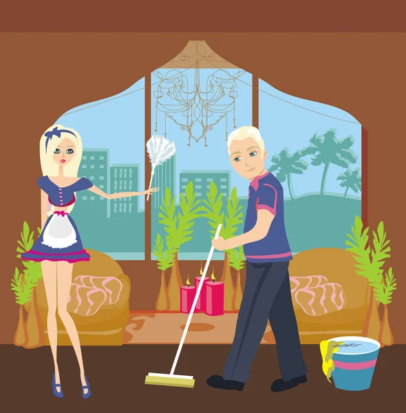 Couple cleaning home — Stock Vector