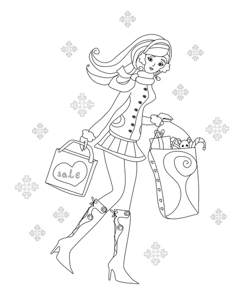 Krásná žena dělá nákupy v zimě — Stockový vektor