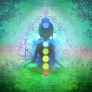 Yoga nilüfer pozu. Renkli çakra noktalı Padmasana. 