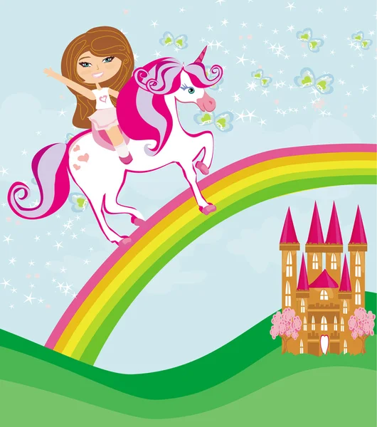 Girl on a unicorn flying on a rainbow — Stock Vector