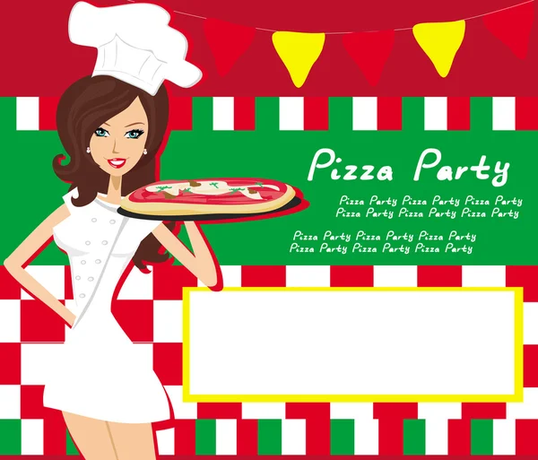 Smiling waitress serving pizza, place for your text — Stock Vector