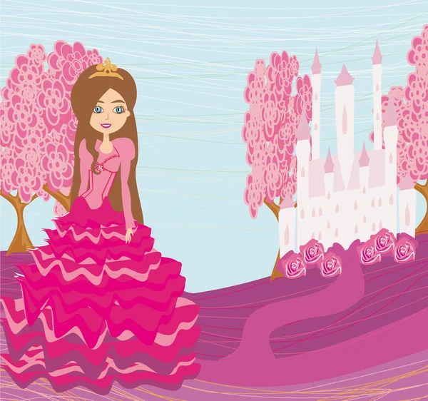 Όμορφη μικρή πριγκίπισσα μπροστά από το κάστρο της — Διανυσματικό Αρχείο
